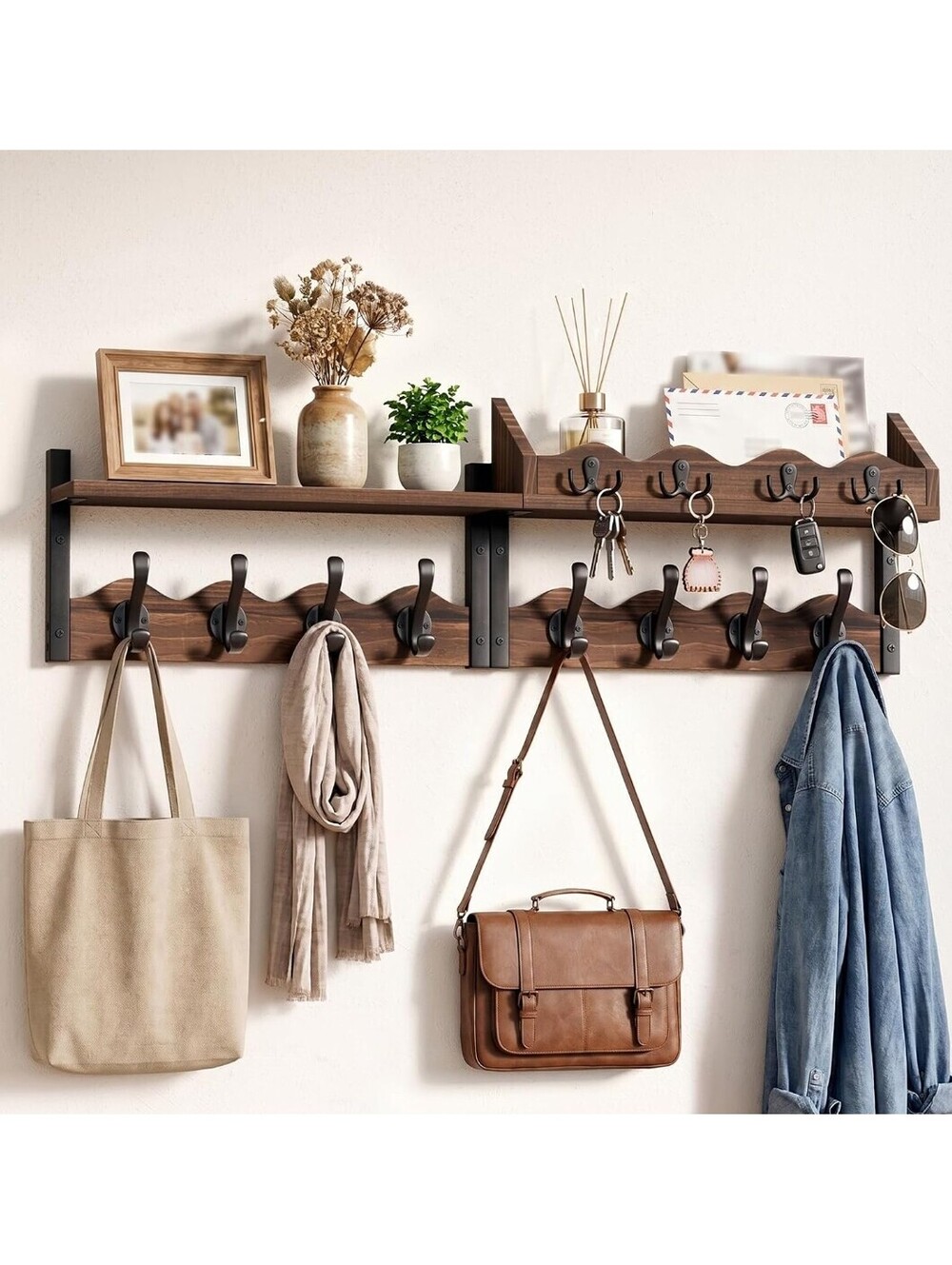 35" Wall Mount Coat Rack with Shelf & 12 Hooks – Dark Brown